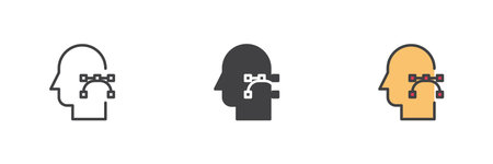 Human head with a pen tool different style icon set. Line, glyph and filled outline colorful...