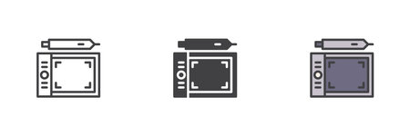 Graphic tablet with a stylus different style icon set. Line, glyph and filled outline colorful version, outline and filled vector sign. Symbol, logo illustration. Vector graphicsのイラスト素材