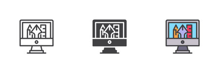 Computer monitor with a design tools different style icon set. Line, glyph and filled outline...