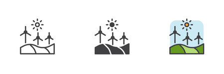 Landscape with wind turbines and a sun different style icon set. Line, glyph and filled outline colorful version, outline and filled vector sign. Symbol, logo illustration. Vector graphicsのイラスト素材