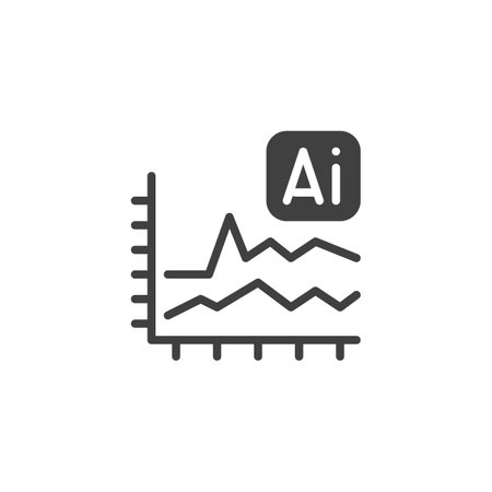 Graph with a trend line and AI symbol vector icon. filled flat sign for mobile concept and web design. Predictive Analytics glyph icon. Symbol, logo illustration. Vector graphicsのイラスト素材