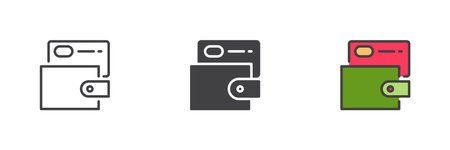 Credit card inserted into a wallet different style icon set. Line, glyph and filled outline colorful...