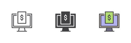Online payment transaction different style icon set. Line, glyph and filled outline colorful version, outline and filled vector sign. Computer monitor with paper currency symbol, logo illustrationのイラスト素材