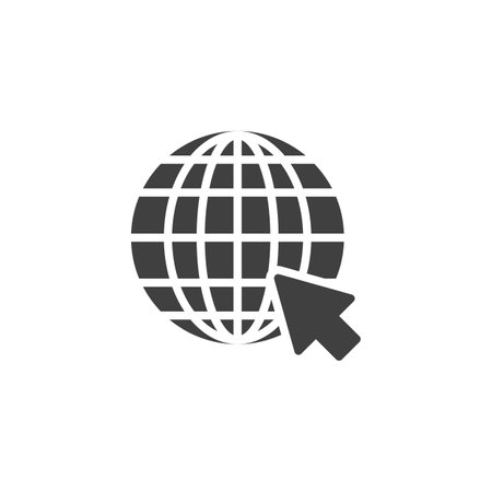 Globe with a cursor vector icon. filled flat sign for mobile concept and web design. Web browser glyph icon. Website and online presence symbol, logo illustration. Vector graphicsのイラスト素材