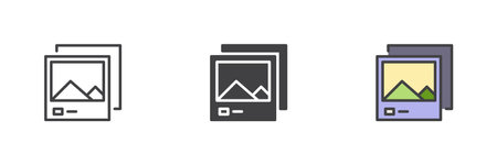 Two framed photographs or images different style icon set. Line, glyph and filled outline colorful...