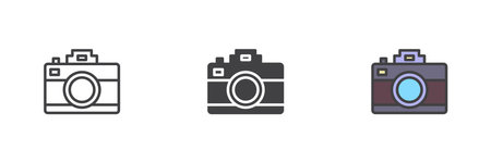 Photography camera different style icon set. Line, glyph and filled outline colorful version,...