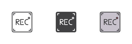 REC button different style icon set. Line, glyph and filled outline colorful version, outline and filled vector sign. Camera Interface Element symbol, logo illustration. Vector graphicsのイラスト素材