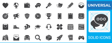 Universal solid glyph icon pack. Vector symbol set includes icons such as heart, wallet, chat,...
