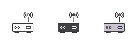 Wireless router different style icon set. Line, glyph and filled outline colorful version, outline and filled vector sign. Wifi modem symbol, logo illustration. Vector graphicsのイラスト素材