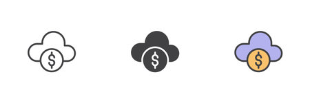 Digital economy different style icon set. Line, glyph and filled outline colorful version, outline and filled vector sign. Cloud with dollar symbol, logo illustration. Vector graphicsのイラスト素材