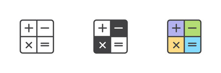 Calculator buttons different style icon set. Line, glyph and filled outline colorful version, outline and filled vector sign. Financial calculations and accounting symbol, logo illustrationのイラスト素材