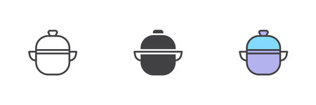 Saucepan or pot with a lid different style icon set. Line, glyph and filled outline colorful version, outline and filled vector sign. Symbol, logo illustration. Vector graphicsのイラスト素材