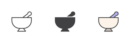 Mortar and pestle different style icon set. Line, glyph and filled outline colorful version, outline and filled vector sign. Symbol, logo illustration. Vector graphicsのイラスト素材