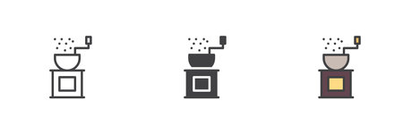 Coffee grinder different style icon set. Line, glyph and filled outline colorful version, outline and filled vector sign. Symbol, logo illustration. Vector graphicsのイラスト素材
