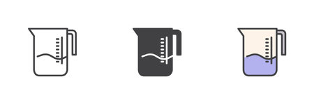 Measuring cup or jug different style icon set. Line, glyph and filled outline colorful version, outline and filled vector sign. Symbol, logo illustration. Vector graphicsのイラスト素材