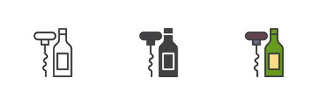 Wine bottle opener different style icon set. Line, glyph and filled outline colorful version, outline and filled vector sign. Corkscrew symbol, logo illustration. Vector graphicsのイラスト素材