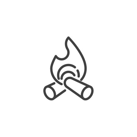 Campfire line icon. linear style sign for mobile concept and web design. Burning logs with flame outline vector icon. Firewood symbol, logo illustration. Vector graphicsのイラスト素材