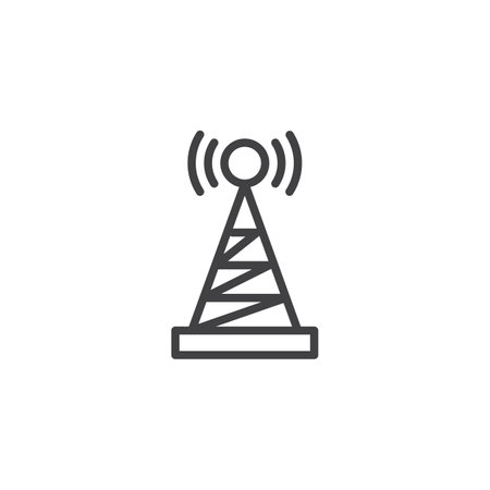 Line icon of a communication tower emitting signals. Outline vector icon representing broadcasting, connectivity, or telecom network symbol. Tower icon in linear style.のイラスト素材
