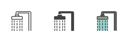 Wall-mounted shower head spraying water icon in three vector styles: line, solid, and filled outline colorful. Bathroom hygiene symbol icon.のイラスト素材