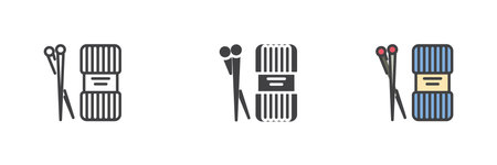 Embroidery kit icon set in line, solid, and filled colorful styles featuring embroidery threads and needles. Icon represents handcrafts and decorative stitching work.のイラスト素材