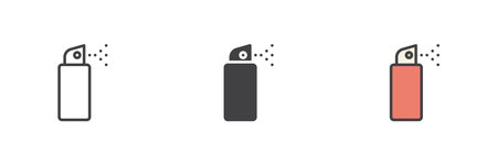 Hair spray bottle icon with mist nozzle in outline, solid, and filled outline colorful versions. Vector hair styling icon and salon grooming symbol with press sprayer.のイラスト素材