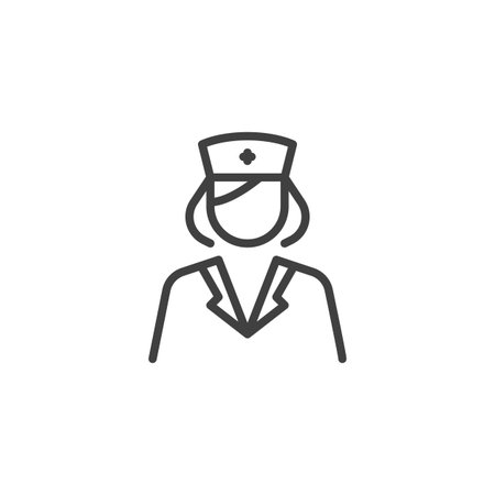 Nurse avatar line icon. Outline vector icon showing a nurse with hat and uniform. Healthcare worker symbol icon for support, care, and clinic use. Clean vector sign.のイラスト素材