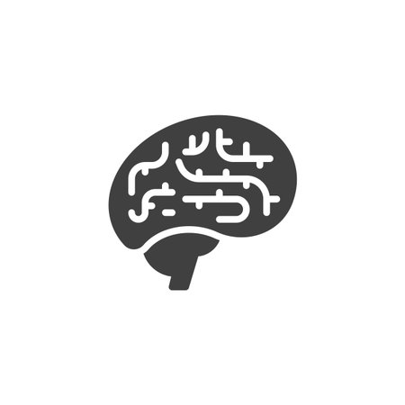 Brain function solid glyph icon. This medical vector icon features a stylized brain symbol. A glyph icon perfect as a sign and symbol in mental health and neuroscience contexts.のイラスト素材