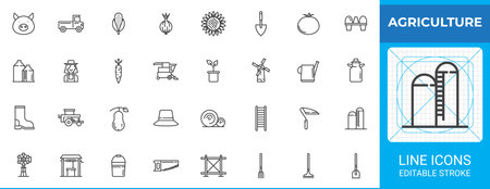 Agriculture line outline icon set pack. Vector icon art with farm sign symbol icons. Features pig, tractor, corn, onion, sunflower, shovel, tomato, silos, farmer, windmill, watering canのイラスト素材