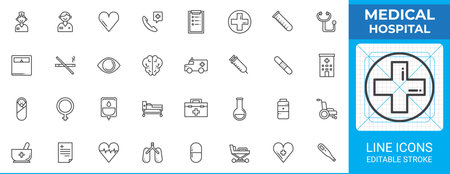 Medical hospital line icon set in outline vector style. Pack includes nurse, ambulance, heart, lungs, wheelchair, syringe, stethoscope, pill, brain, hospital test tube iconのイラスト素材