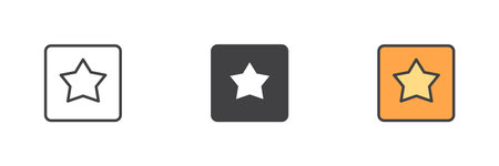 Star inside a square icon in three styles: line, solid, and colorful filled outline. Vector star icon sign, perfect as favorite or featured symbol. Colorful set pack.のイラスト素材