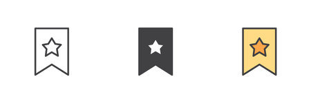 Bookmark with a star icon in line, solid and filled outline color styles. Colorful vector icon pack showing favorite or rating sign in various styles.のイラスト素材