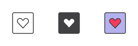 Heart inside square icon in outline, solid, and colorful filled styles. Vector heart icon for like, love, or favorite. Modern color sign and symbol pack.のイラスト素材