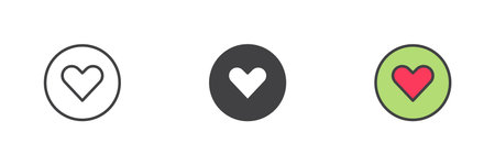 Heart in circle icon in three styles: line, solid, and colorful filled outline. Vector icon symbolizing love and affection. Color glyph sign pack.のイラスト素材