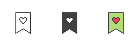 Bookmark with heart shape icon in line, solid and filled outline style. Colorful icon sign symbolizing love and favorite. Vector set pack.のイラスト素材