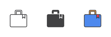 Briefcase with small bookmark icon in three styles: outline, solid, and filled outline. Vector icon pack for office or job-related apps. Colorful symbol set.のイラスト素材