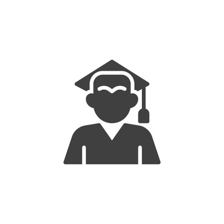 Graduate student solid glyph icon. A filled vector icon showing a student in cap and gown. This icon symbol suits academic sign and graduation symbol uses.のイラスト素材