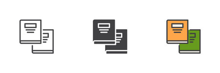 Books stacked one over another icon pack. Includes outline, solid and filled colorful styles. Vector book icon, educational symbol and learning logo.のイラスト素材