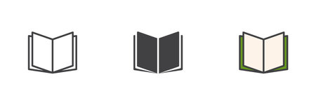 Open book with green nature theme pages icon set. Includes line, solid and filled outline styles. Botanical, eco and environmental book icon symbol.のイラスト素材