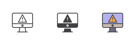 Computer monitor showing alert triangle icon in line, solid and filled outline style. Warning message or system error vector icon. Symbol set pack.のイラスト素材