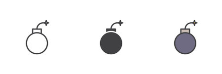 Round bomb with spark icon in line, solid and colorful filled outline style. Cyber threat or danger symbol icon pack. Explosive malware vector sign.のイラスト素材