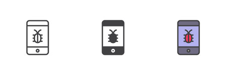 Mobile device with malware icon set in line, solid and filled outline style. Cyber virus on smartphone symbol. Hacked phone vector icon pack.のイラスト素材