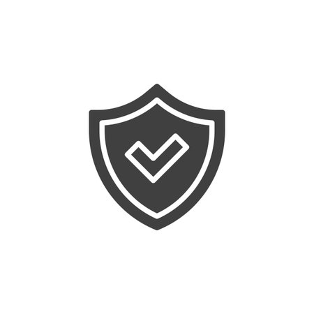 Shield check solid icon in glyph style. A filled security icon with checkmark for verified protection. Trust symbol and ecommerce guarantee icon.のイラスト素材