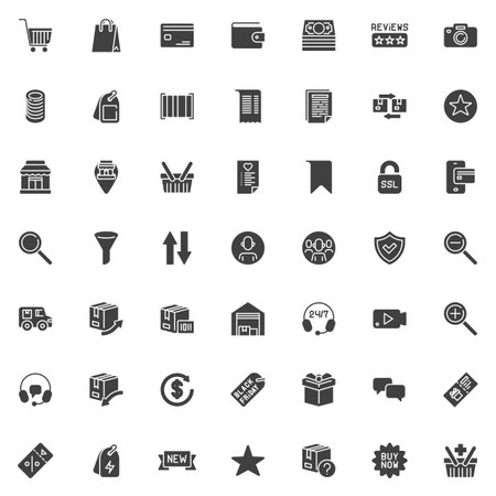 Shopping and E-commerce solid glyph icon set. Vector pack with signs like shopping cart, wallet, barcode, SSL lock, headset, delivery truck, discount, Black Friday, and buy now. Perfect icon set for retail apps and websitesのイラスト素材