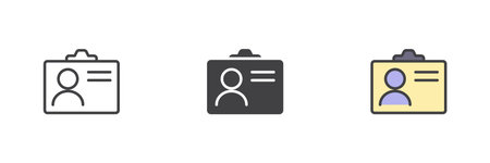 Identification badge card different style icon set. Line, solid and colorful filled outline vector icon. Person ID, contact info sign and employee symbol. Vector illustration.のイラスト素材