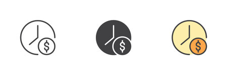 Finance Time is moneysymbol different style icon set. Line, solid and colorful filled outline vector icon. Money, chart sign, financial analysis symbol. Vector graphics.のイラスト素材