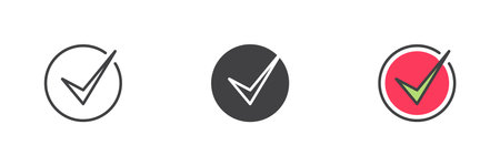 Checkmark tick different style icon set. Line, solid and colorful filled outline vector icon. Confirmation, approved symbol, verified task sign. Vector status icon.のイラスト素材