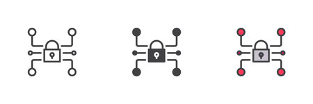 Data security lock network icon in different styles. Line, solid and filled outline vector icon. Privacy, digital connection, secure symbol. Vector cyber icon set.のイラスト素材