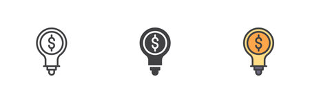 Finance idea with dollar bulb icon in different styles. Line, solid and filled outline vector icon. Investment, innovation, money solution symbol. Vector financial icon.のイラスト素材