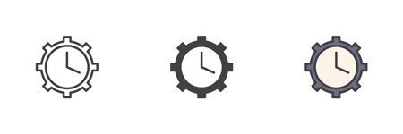 Clock inside gear icon in different styles. Line, solid and filled outline vector icon. Time...