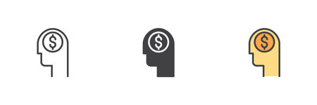 Human head with dollar icon in different styles. Line, solid and filled outline vector icon. Finance...